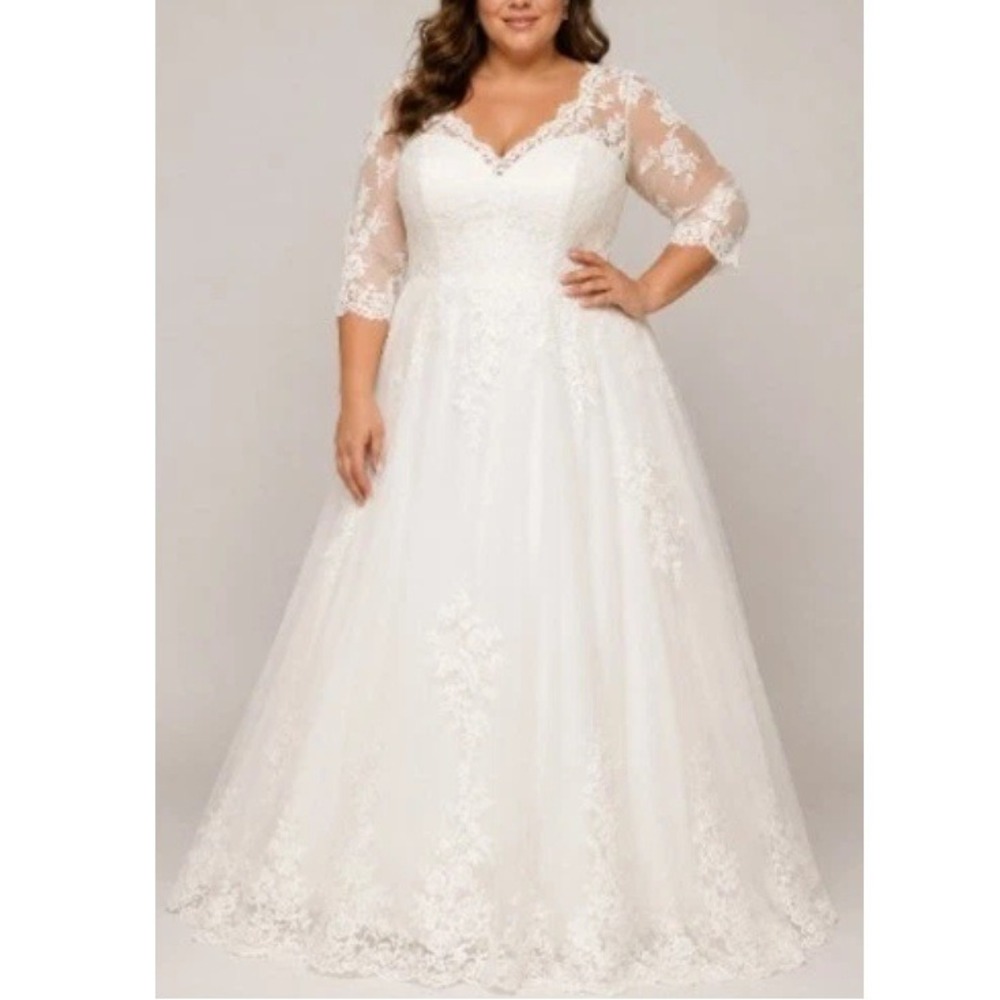 RYANTH Women's White Lace A-Line V-Neck 3/4 Sleeve Wedding Gown Size 16 NWT